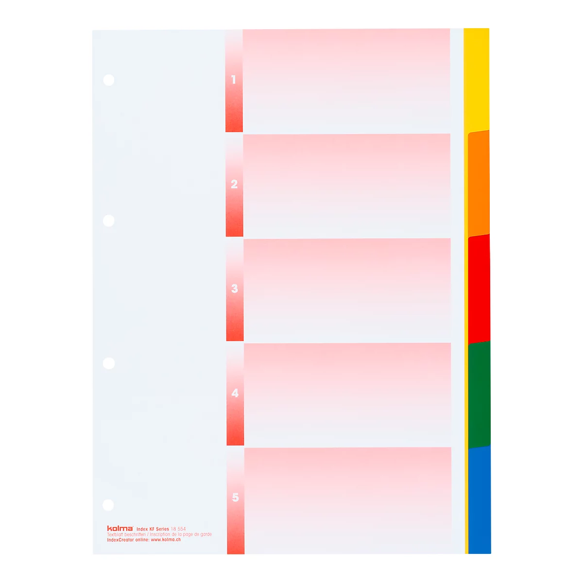 Transparent index dividers with red markings and colored dividers. Markings read 1 to 5.