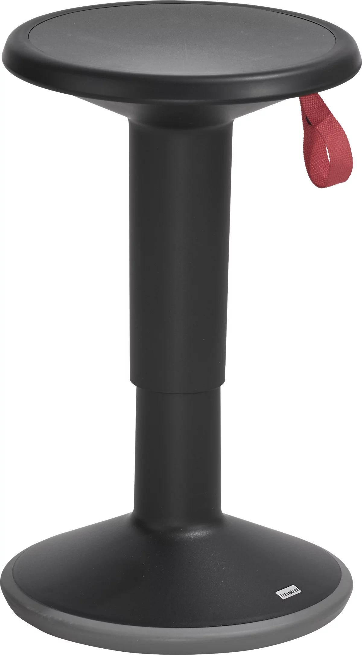 Taburete de pie negro con lengüeta roja. Cojín de asiento redondo, regulable en altura.