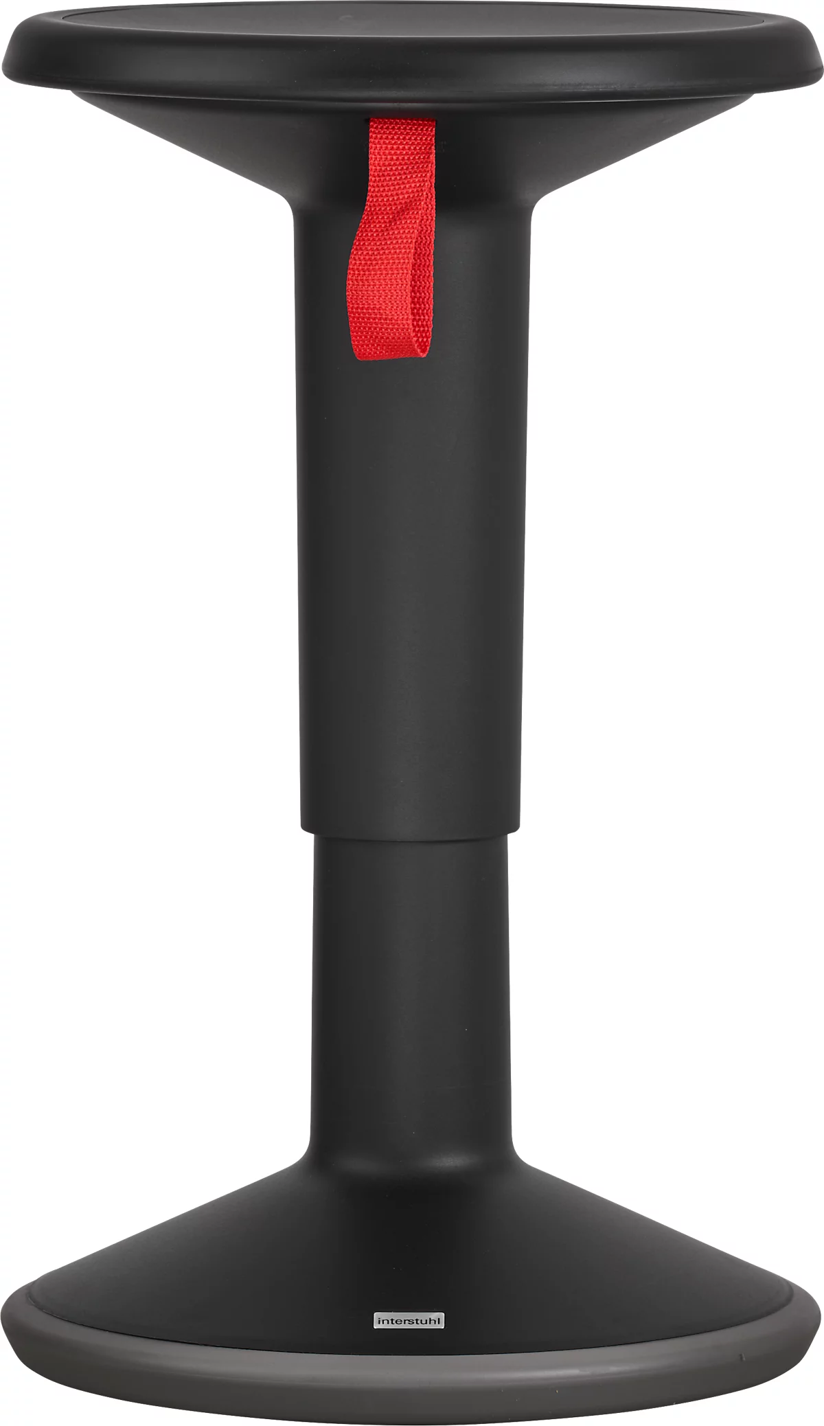 Taburete de pie negro con un lazo rojo. El marco regulable en altura se apoya sobre un pie ancho.