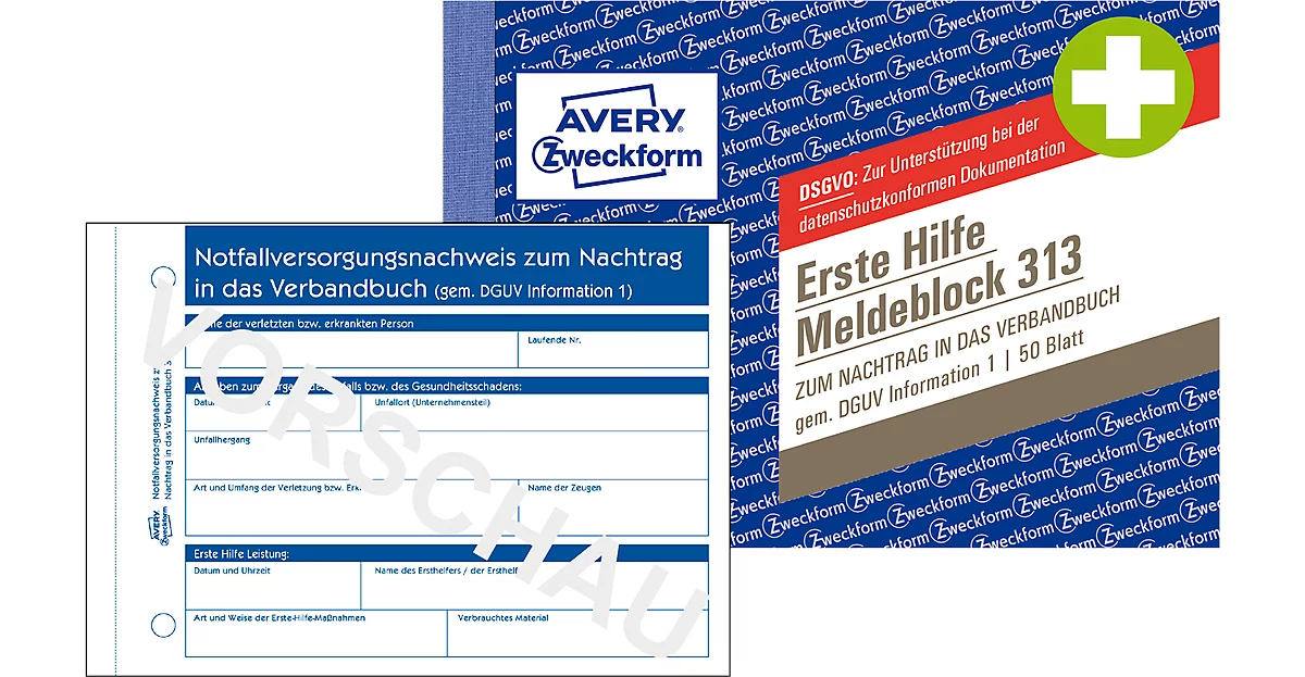 Taco de informe AVERY® Zweckform "Primeros auxilios DGUV norma 1", perforado, señal de 50 hojas en blanco, DIN A6 apaisado,