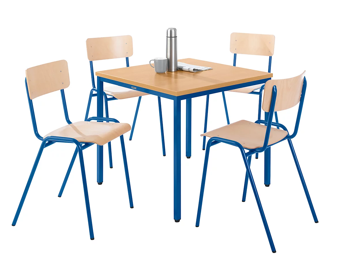 Tafel met stalen buizen met 4 stapelstoelen, onderstel blauw 
