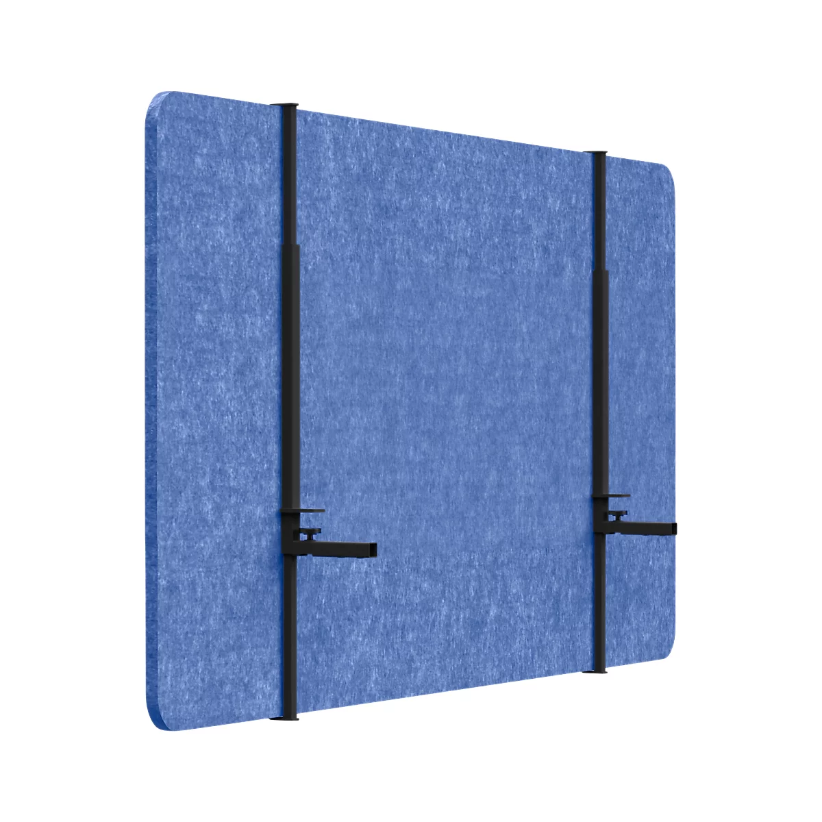 Blauw wandelement met zwarte beugels, zijaanzicht. Afgeronde hoeken. Vastgehouden door twee verticale staven.