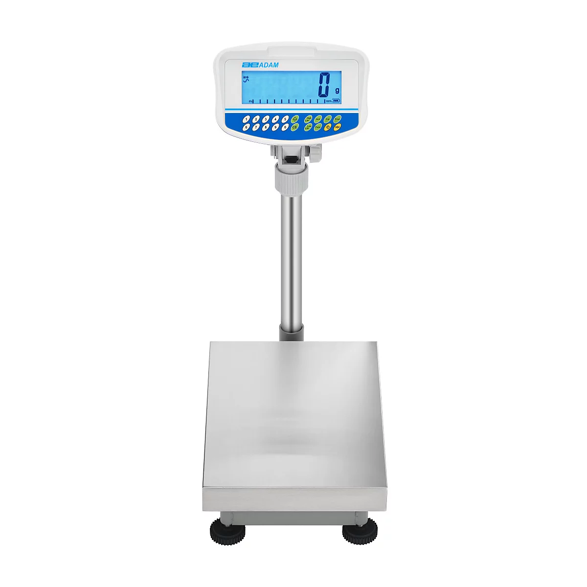 Digitale weegschaal met display en bedieningsknoppen. Het scherm geeft '0' weer.