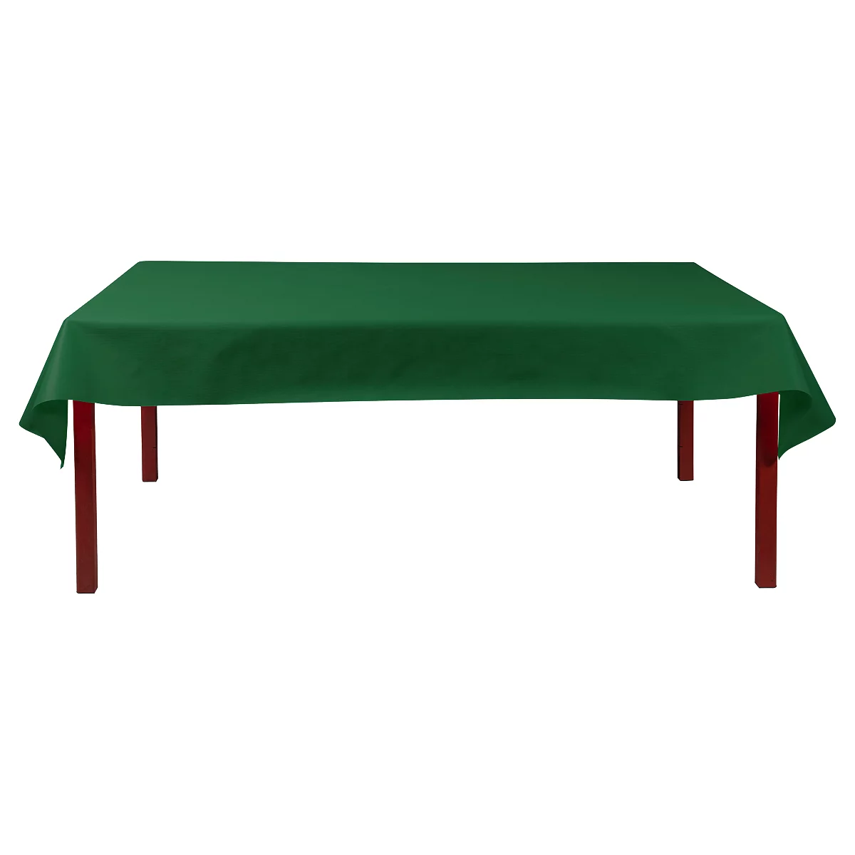 Rechthoekige groene tafel met rode poten. Het tafelblad is bedekt met een groen tafelkleed.