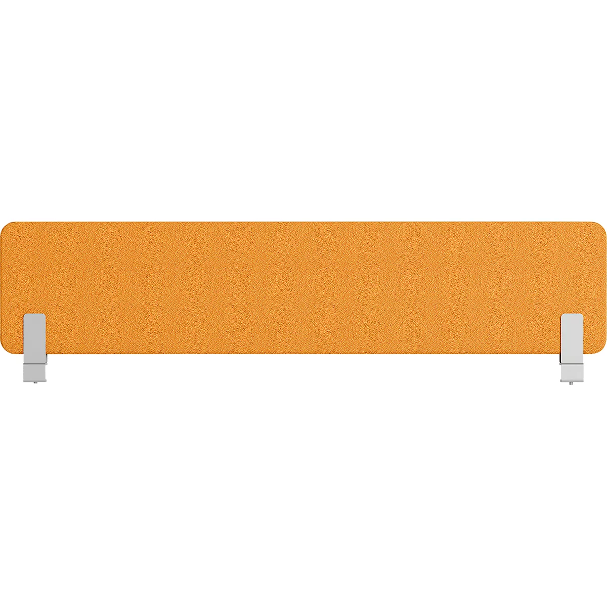 Oranje bureauwand, gemonteerd met zilveren beugels.