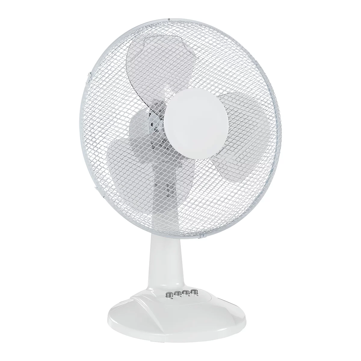 Witte tafelventilator, met drie bladen achter een beschermend rooster. De voet heeft knoppen.