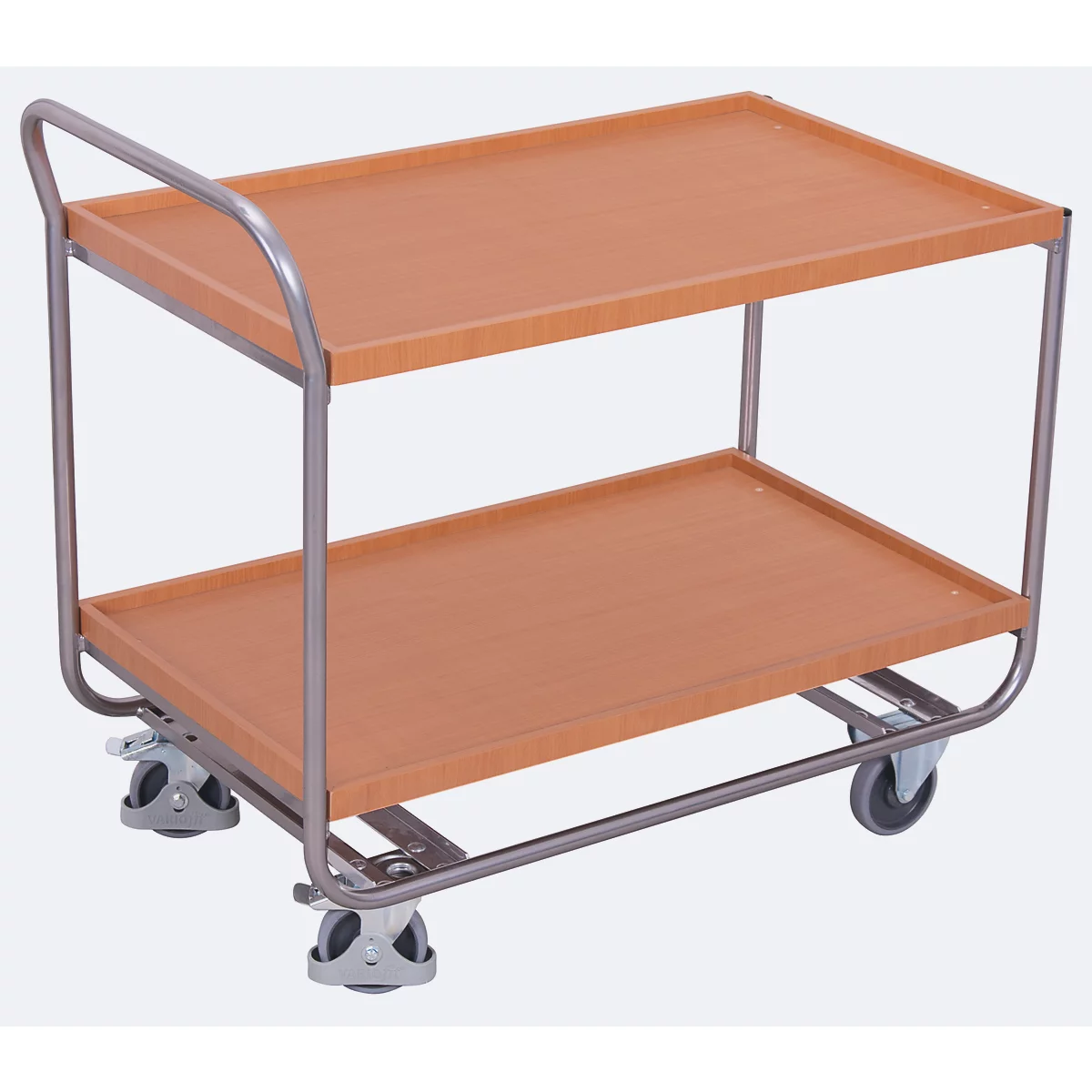 Tafelwagen, aluminium/MDF-plaat, decor aluminium zilver/beuken, 2 etages, L 970 x B 570 mm, TPE-wielen met vastzetrem, tot 200 kg