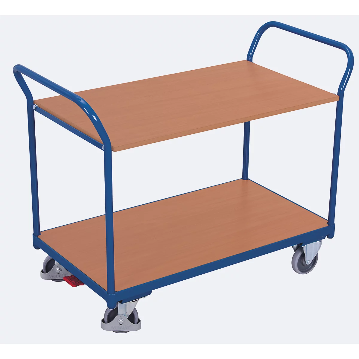 Tafelwagen, staal/MDF-plaat, decor gentiaanblauw/beuken, 2 etages, L 1000 x B 600 mm, TPE-wielen met EasySTOP, tot 200 kg