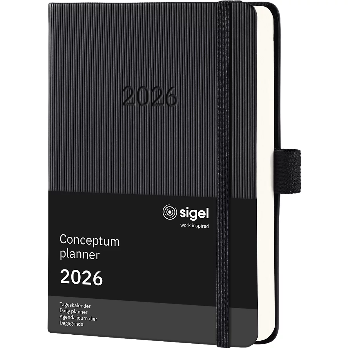 Tageskalender Sigel Conceptum 2026 C2611, A6, 400 Seiten, 1 Jahr, 1 Seite für je 1 Tag, PEFC®-Papier/Kunststoff, schwarz