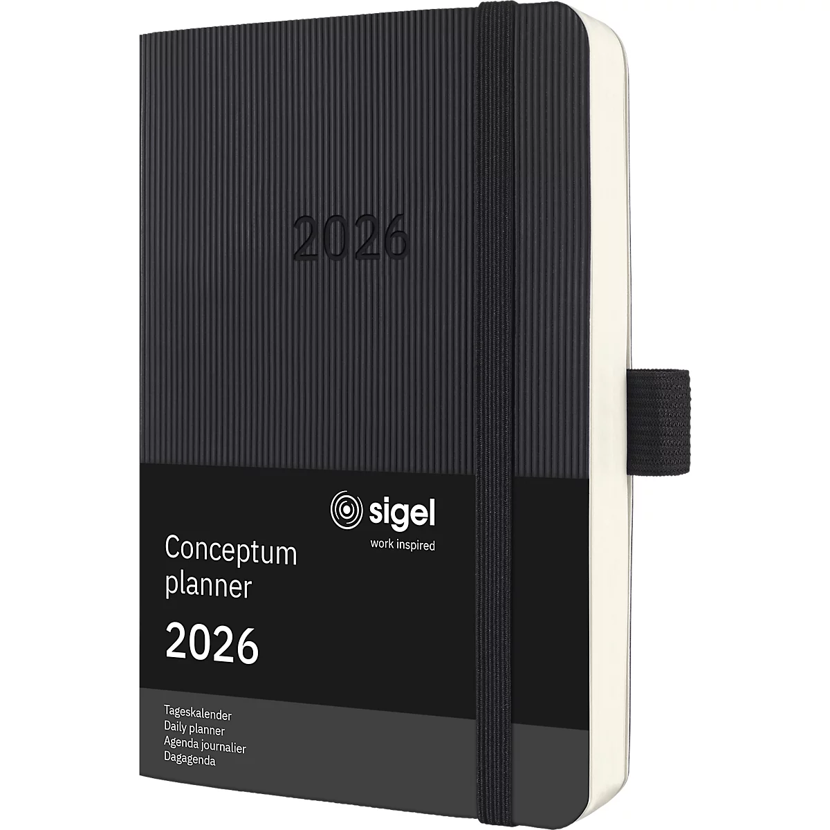 Tageskalender Sigel Conceptum 2026 C2621, A6, 400 Seiten, 1 Jahr, 1 Seite für je 1 Tag, PEFC®-Papier/Kunststoff, schwarz
