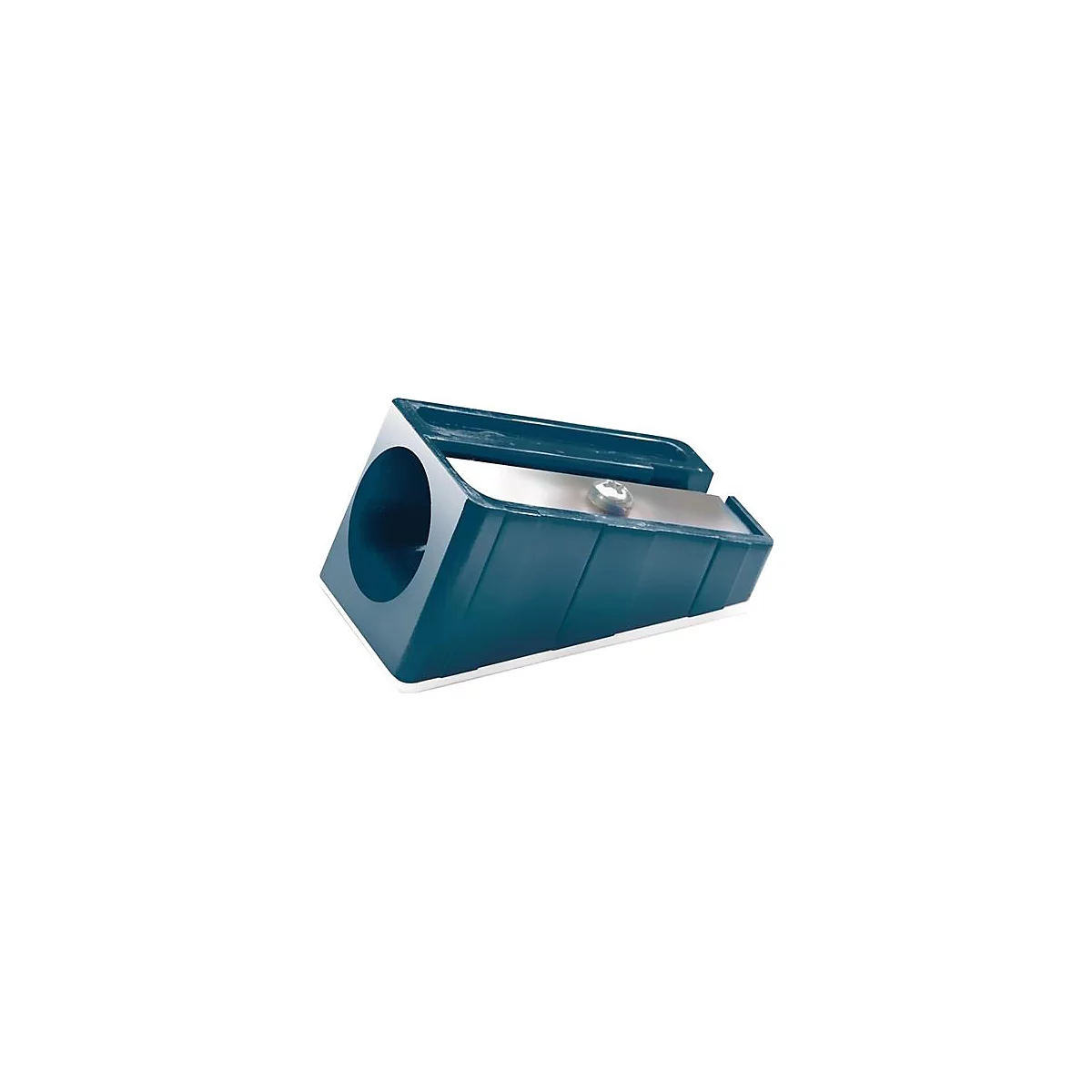Gros plan sur un taille-crayon bleu. Un trou pour le crayon est visible, avec une lame argentée en dessous.