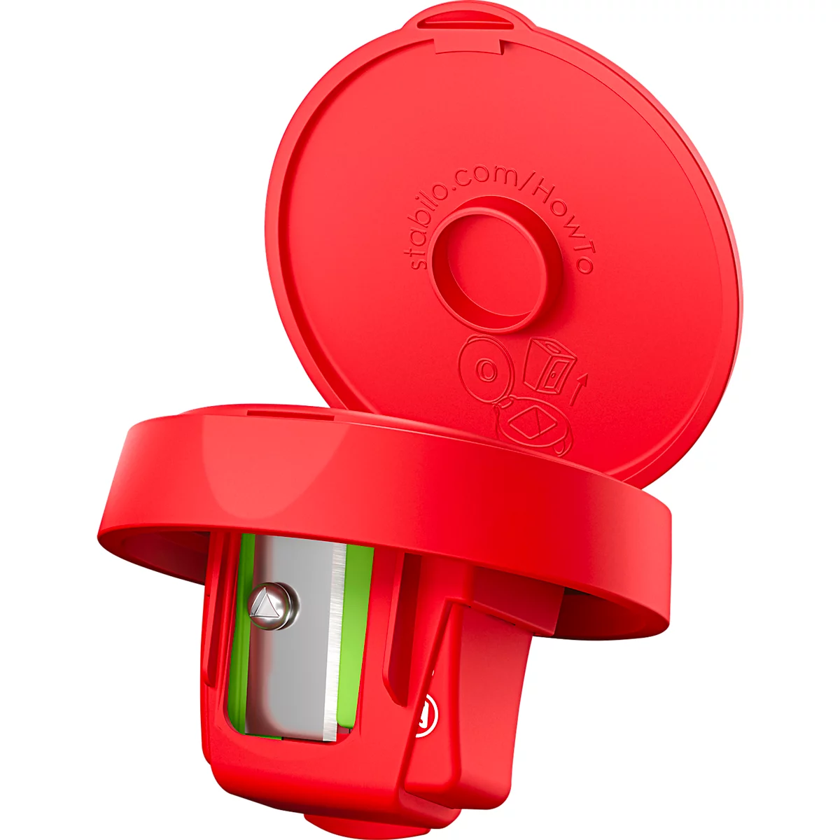 Taille-crayon rouge avec couvercle. Lame argentée et accents verts. Sur le couvercle, il est écrit stabilo.com/howto.