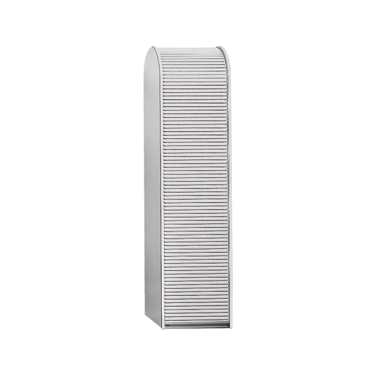 Gray cabinet with slatted doors, rounded top edge, vertical orientation.