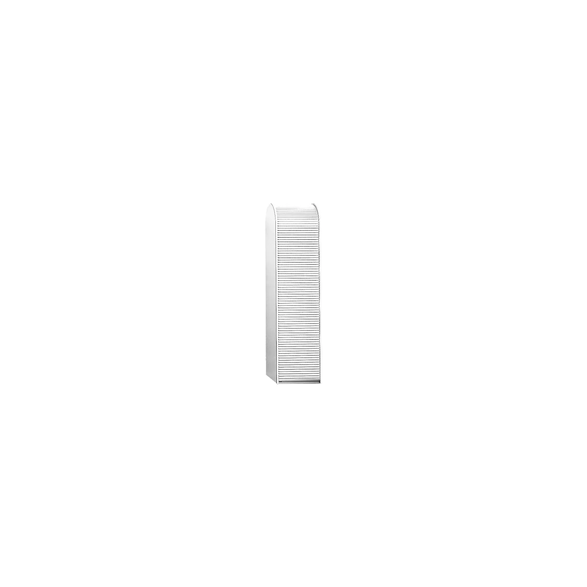 Tall white cabinet with slatted doors. Rounded top.