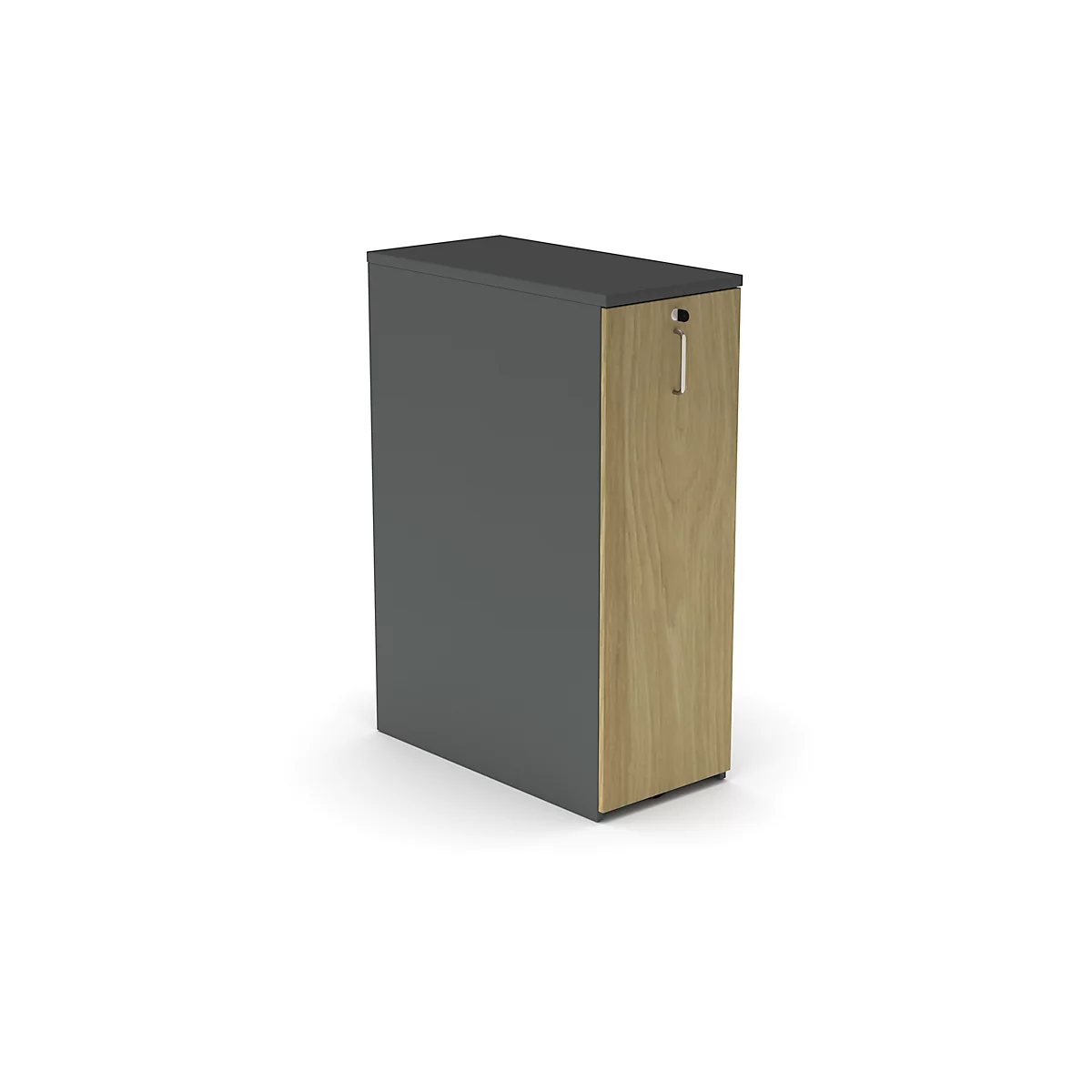 Tall cabinet, grey and wood-colored, with handle. Stands on a white background.