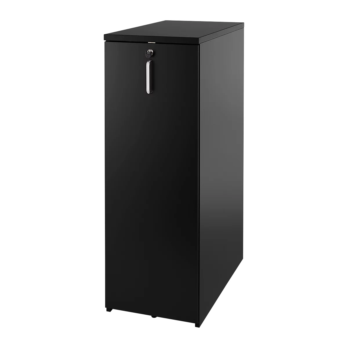 Black filing cabinet against neutral background. With lock and handle. Tall, narrow shape.
