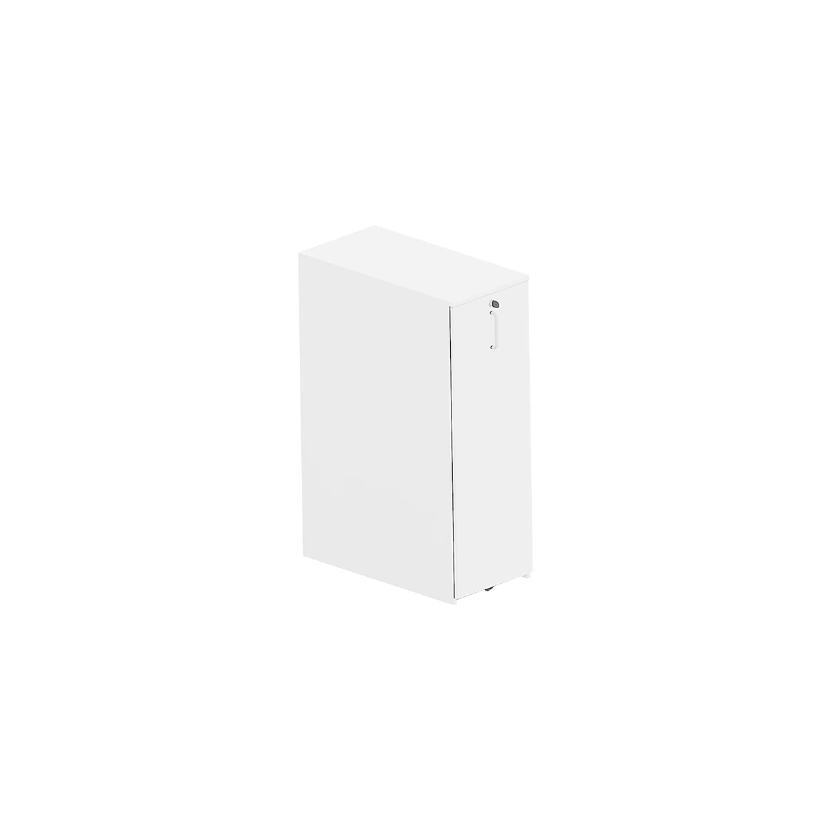A white, tall cabinet with handle and lock, slightly angled. The shape is cuboid.