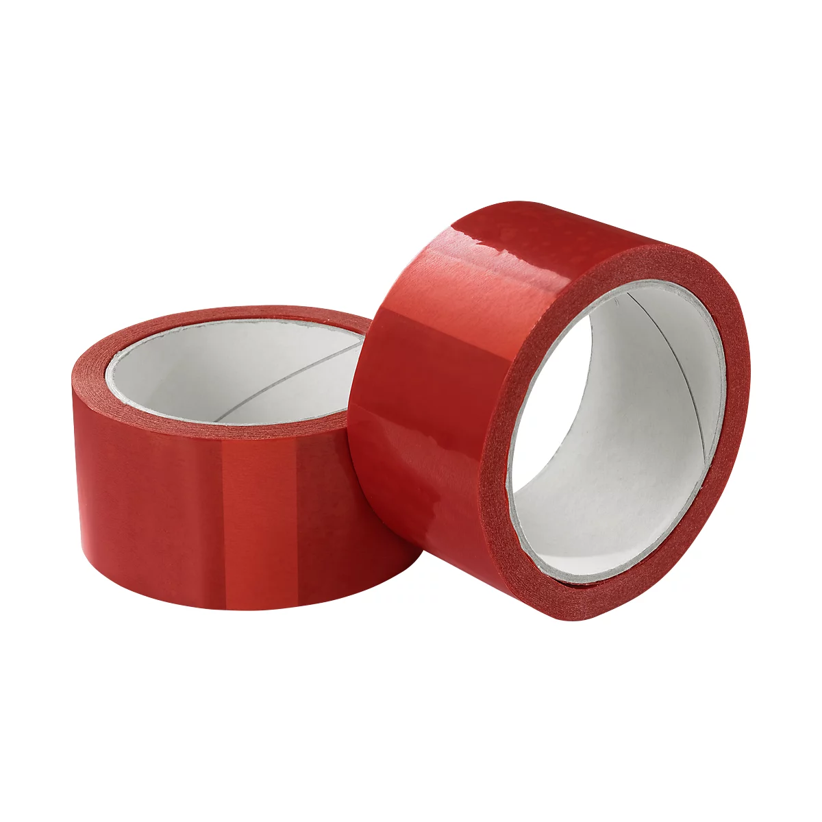 Two red tape rolls, slightly offset. The rolls show their inside, a light gray paper.