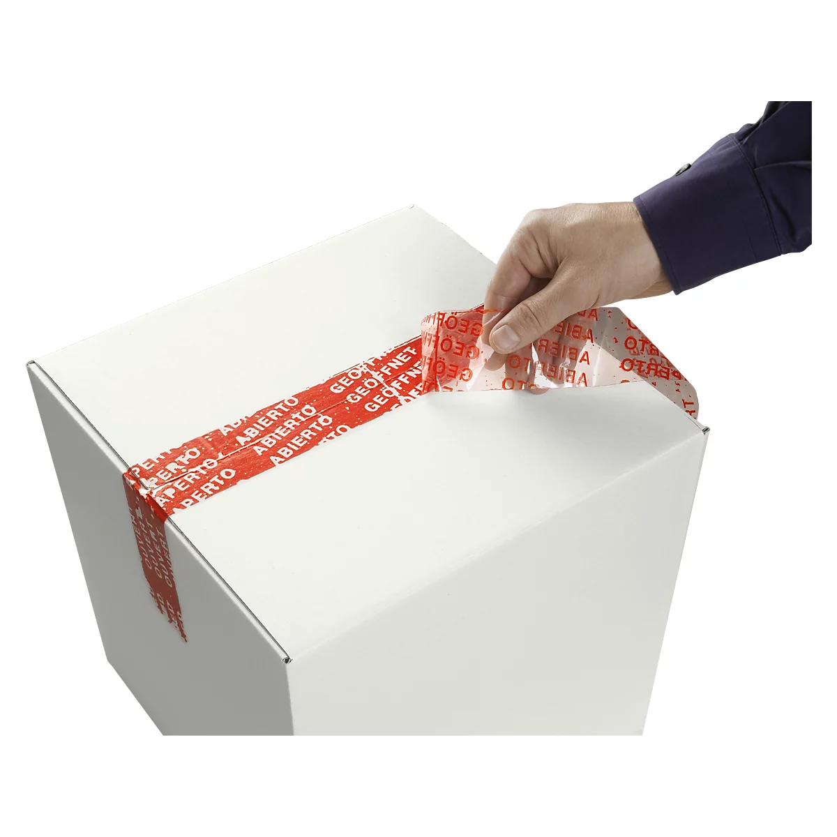 A man is opening a white cardboard box. A red tape labeled "opened" is attached to it.