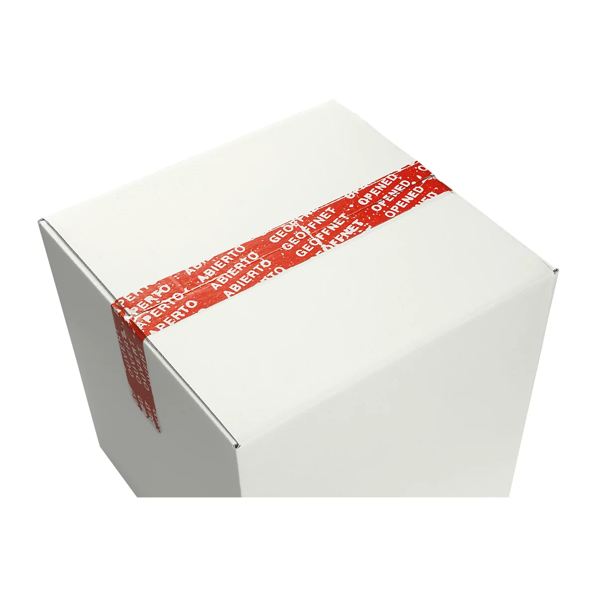 White box with red sealing tape printed with "GEÖFFNET, OPENED, ABIERTO".