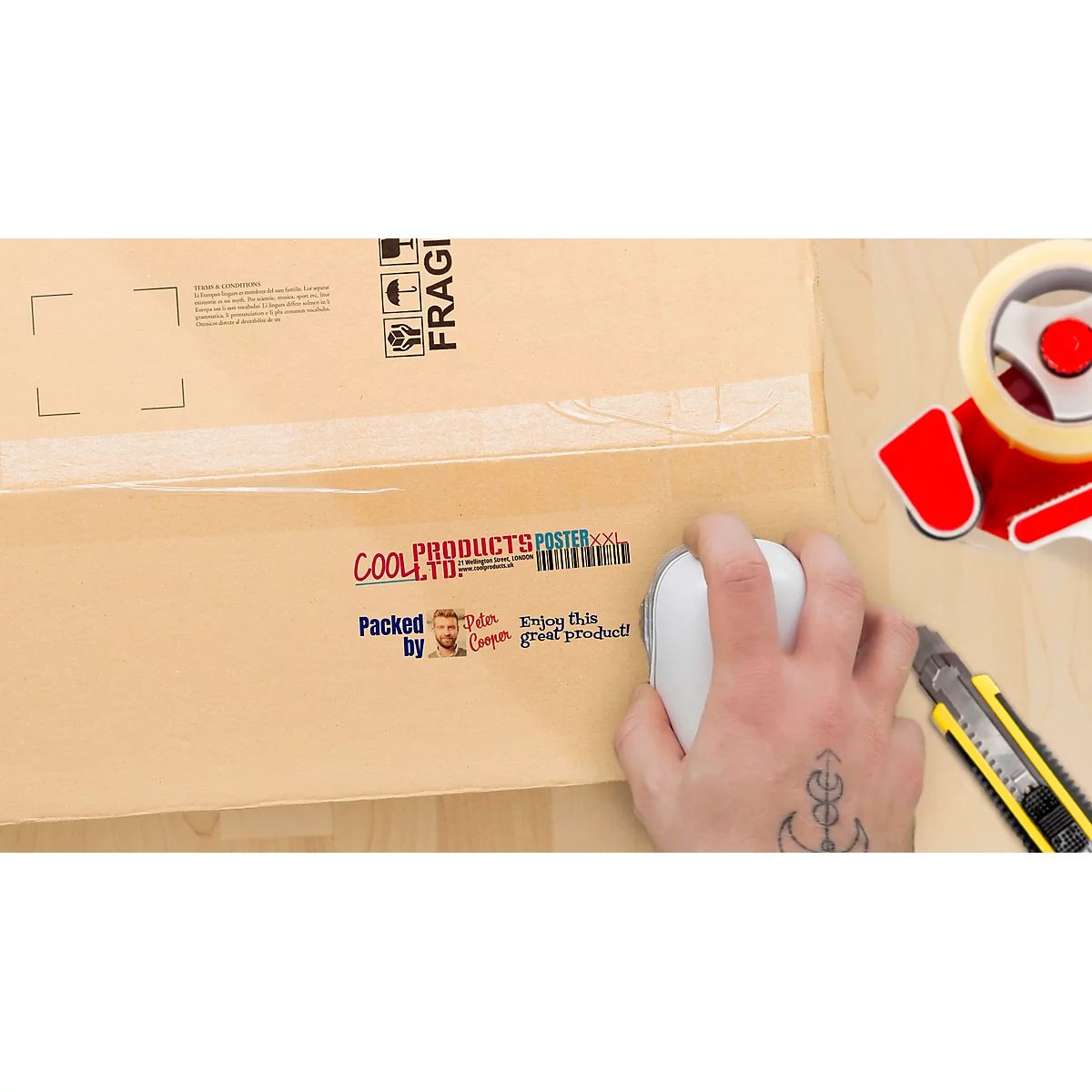 Tampon digital COLOP e-mark®, 600 dpi, micro-USB/wifi, avec cartouche d'imprimante CMY, bouton poussoir et piles, blanc