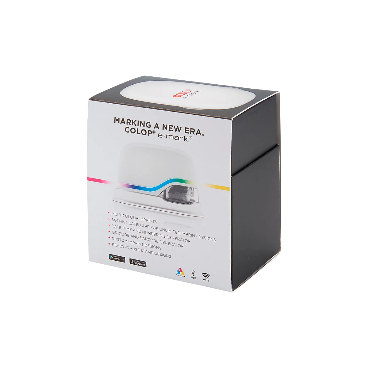 Tampon digital COLOP e-mark®, 600 dpi, micro-USB/wifi, avec cartouche d'imprimante CMY, bouton poussoir et piles, blanc