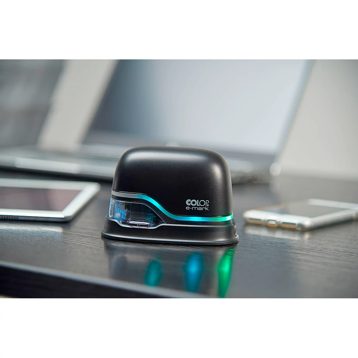 Tampon digital COLOP e-mark®, 600 dpi, micro-USB/wifi, avec cartouche d'imprimante CMY, bouton poussoir et piles, noir