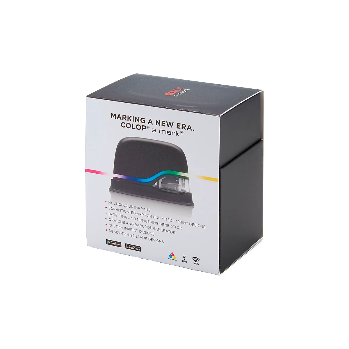 Tampon digital COLOP e-mark®, 600 dpi, micro-USB/wifi, avec cartouche d'imprimante CMY, bouton poussoir et piles, noir