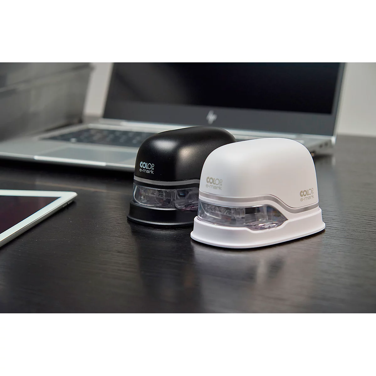 Tampon digital COLOP e-mark®, 600 dpi, micro-USB/wifi, avec cartouche d'imprimante CMY, bouton poussoir et piles, noir