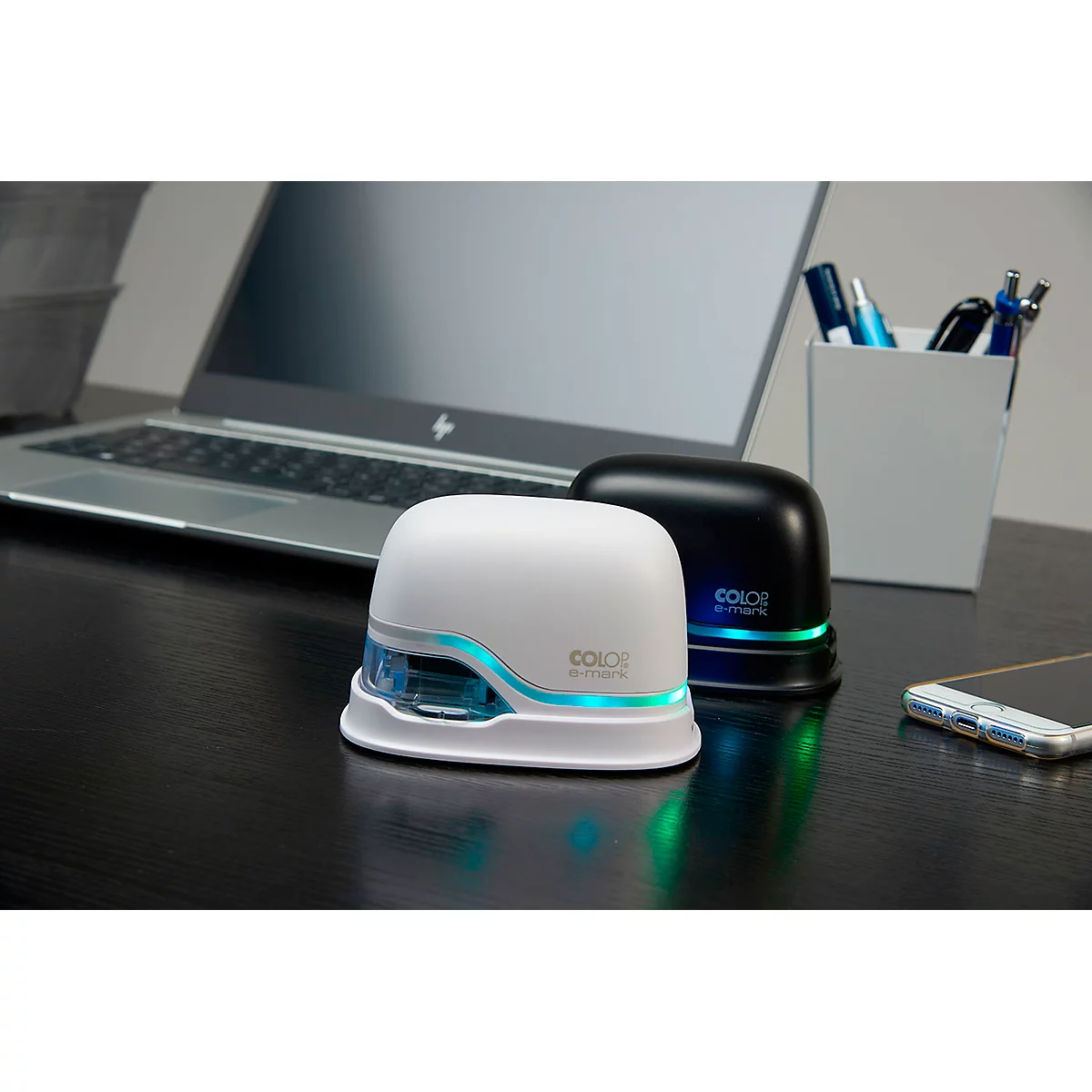 Tampon digital COLOP e-mark®, 600 dpi, micro-USB/wifi, avec cartouche d'imprimante CMY, bouton poussoir et piles, noir