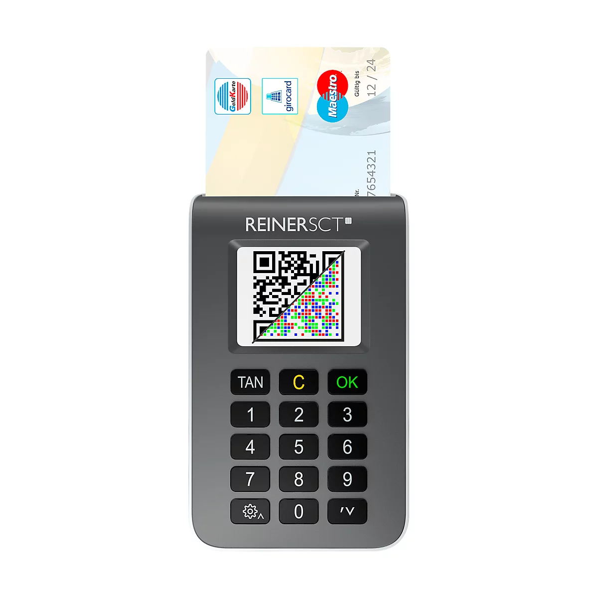 Ein graues Kartenlesegerät mit einem QR-Code-Display und einer Tastatur. Eine Karte ist in den Schlitz geschoben, mit Logos von Bankkarten.