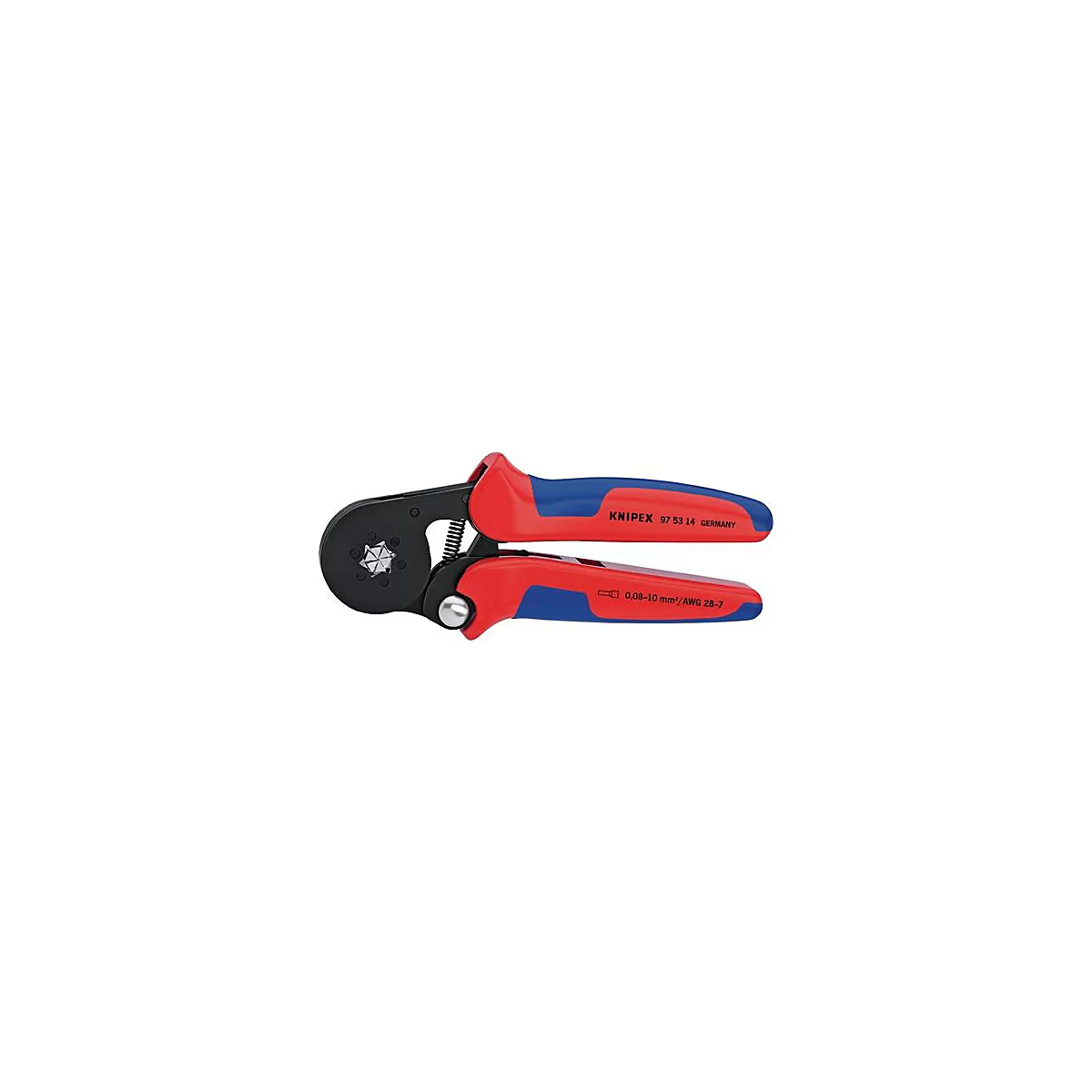 Een krimptang met rode en blauwe handgrepen en een zwarte kop. Gedrukte tekst: KNIPEX, 97 53 14 GERMANY.