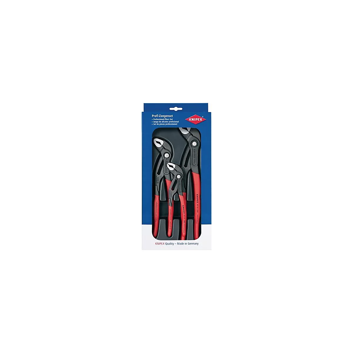 Een professionele tangenset in een zwarte plastic doos, verpakt in een blauw en wit bedrukte kartonnen doos. Productinformatie en de merknaam Knipex staan op de verpakking.