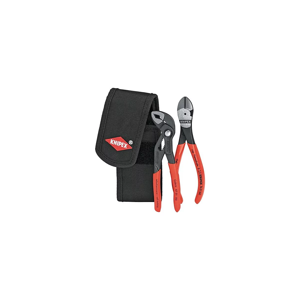 Zwarte gereedschapszak met rood logo en twee tangen met rode handvatten.