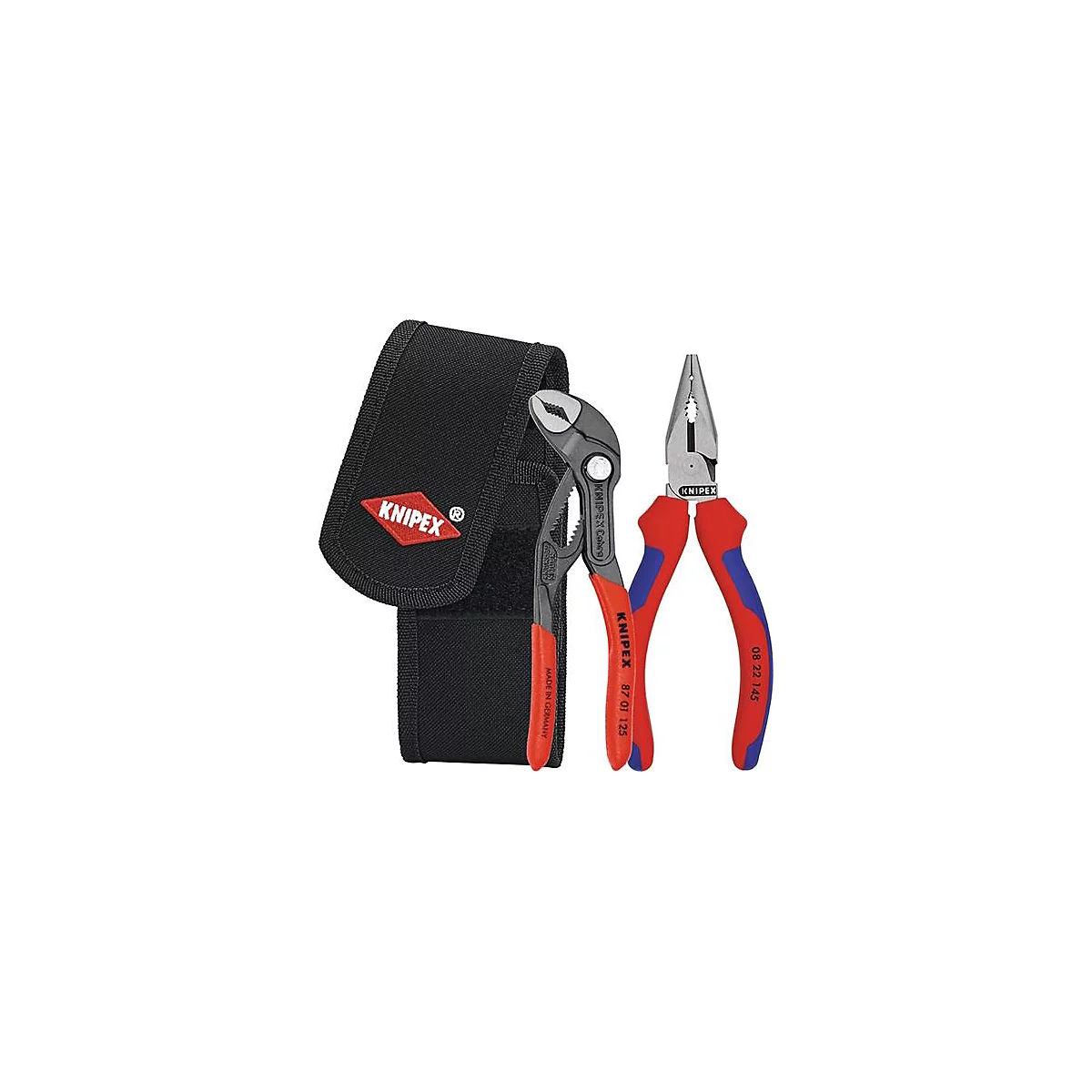 Twee tangen, een waterpomptang en een punttang, liggen naast een zwarte tas. Beide tangen hebben rode en blauwe handvatten. Het Knipex logo staat op de tas.