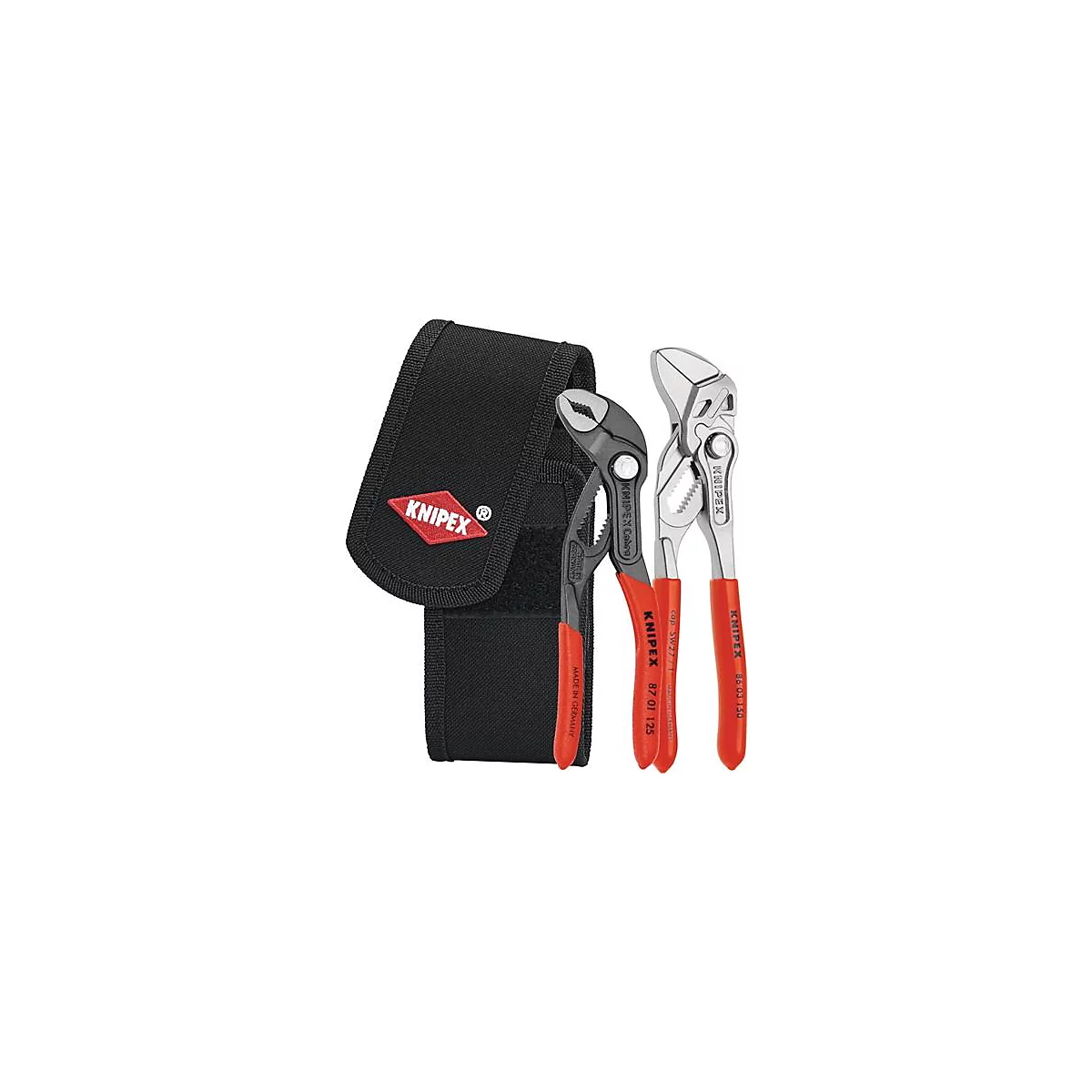Twee tangen met rode handvatten en een zwarte tas met een rood logo.