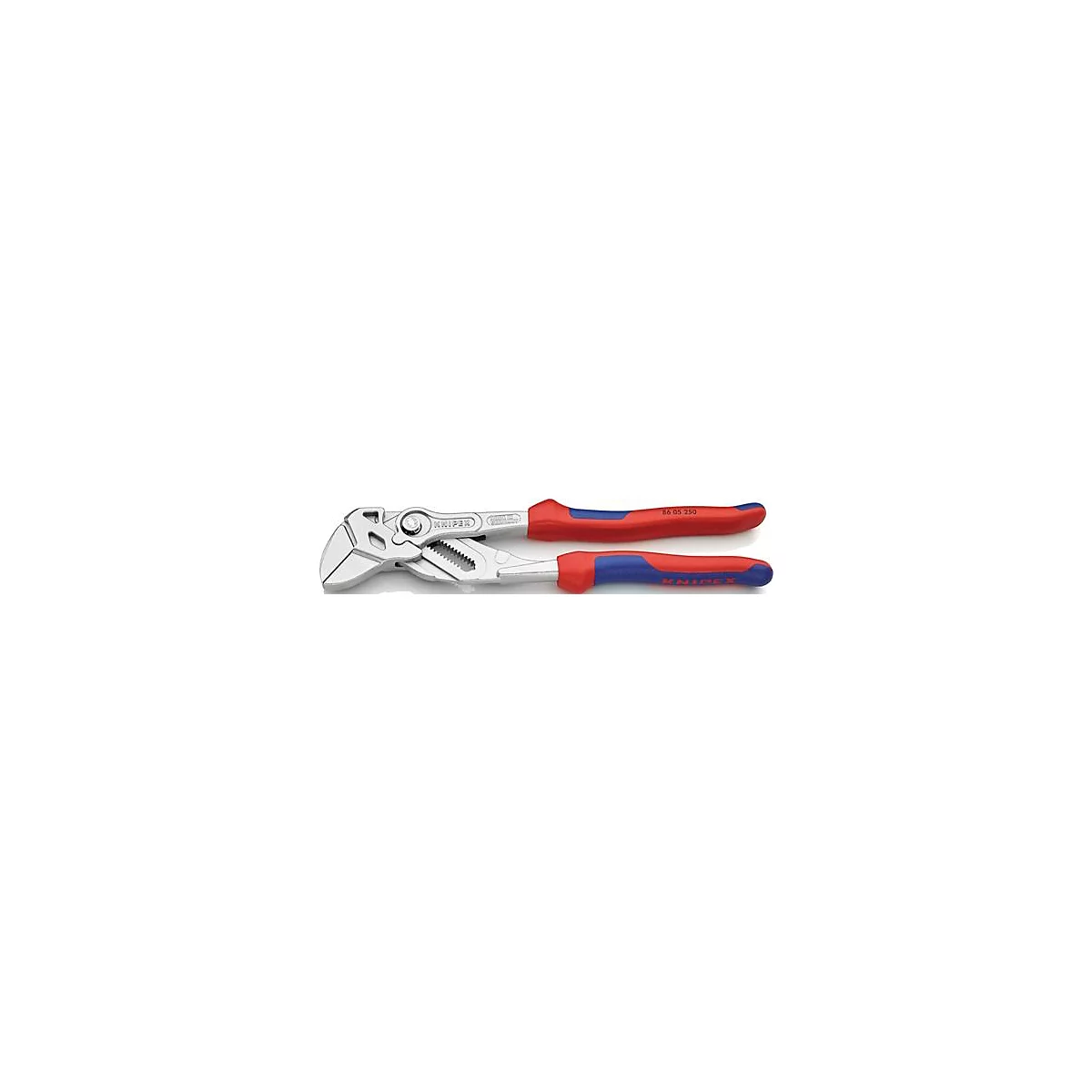 Twee Knipex waterpomptangen. Metalen tangen met rode en blauwe handgrepen, in detail te zien.