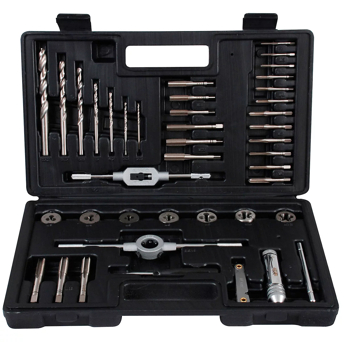 Black tool box with drill bits, taps, and screw tools.