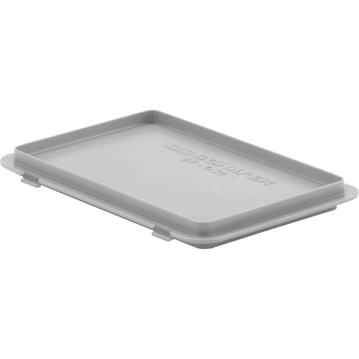 Tapa gris claro con bordes elevados. Inscripción: SCHÄFER, SF-110.