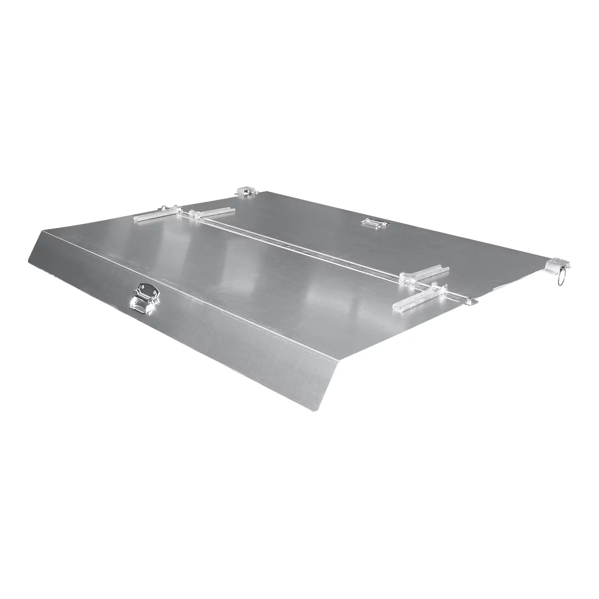 Placa metálica con bordes, clips y cierres. Plateada, rectangular con bordes biselados.