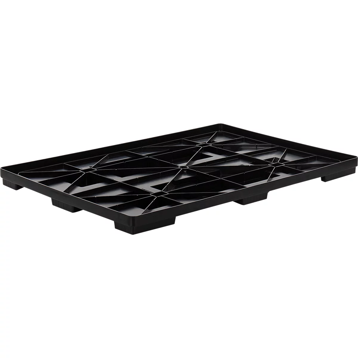 Bandeja de contención de derrames de plástico negro, rectangular, con estructura de rejilla y patas.
