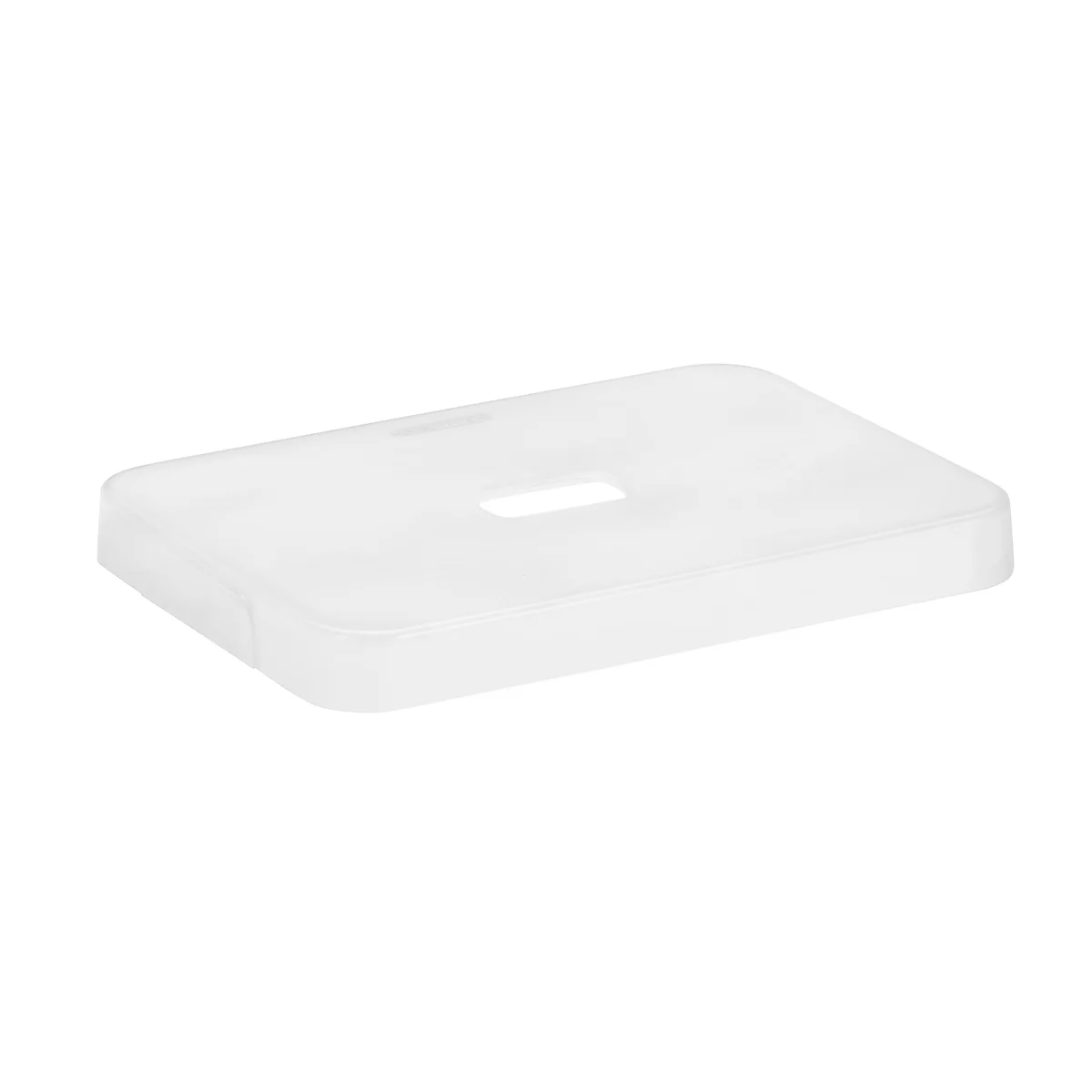 Caja de plástico blanca rectangular con bordes redondeados y un hueco rectangular en la parte superior.
