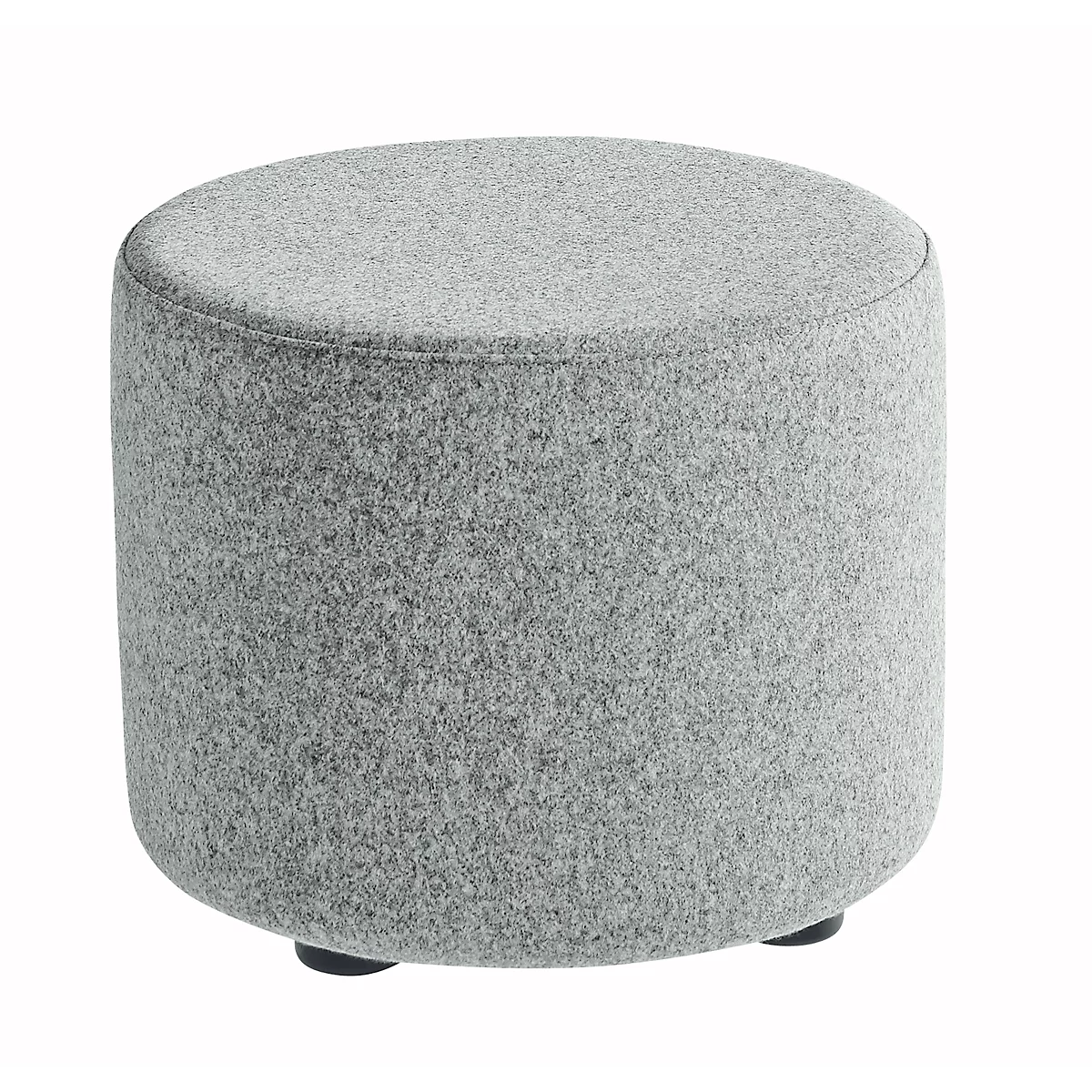 A round, gray fabric stool with three small black feet.