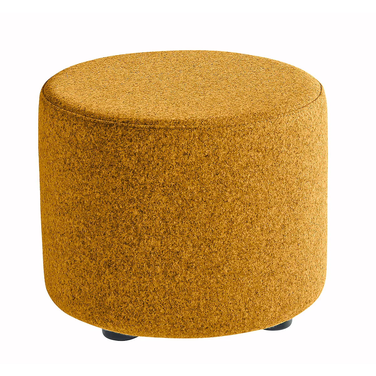 Round, ochre-colored stool with fabric cover, standing on three black feet.