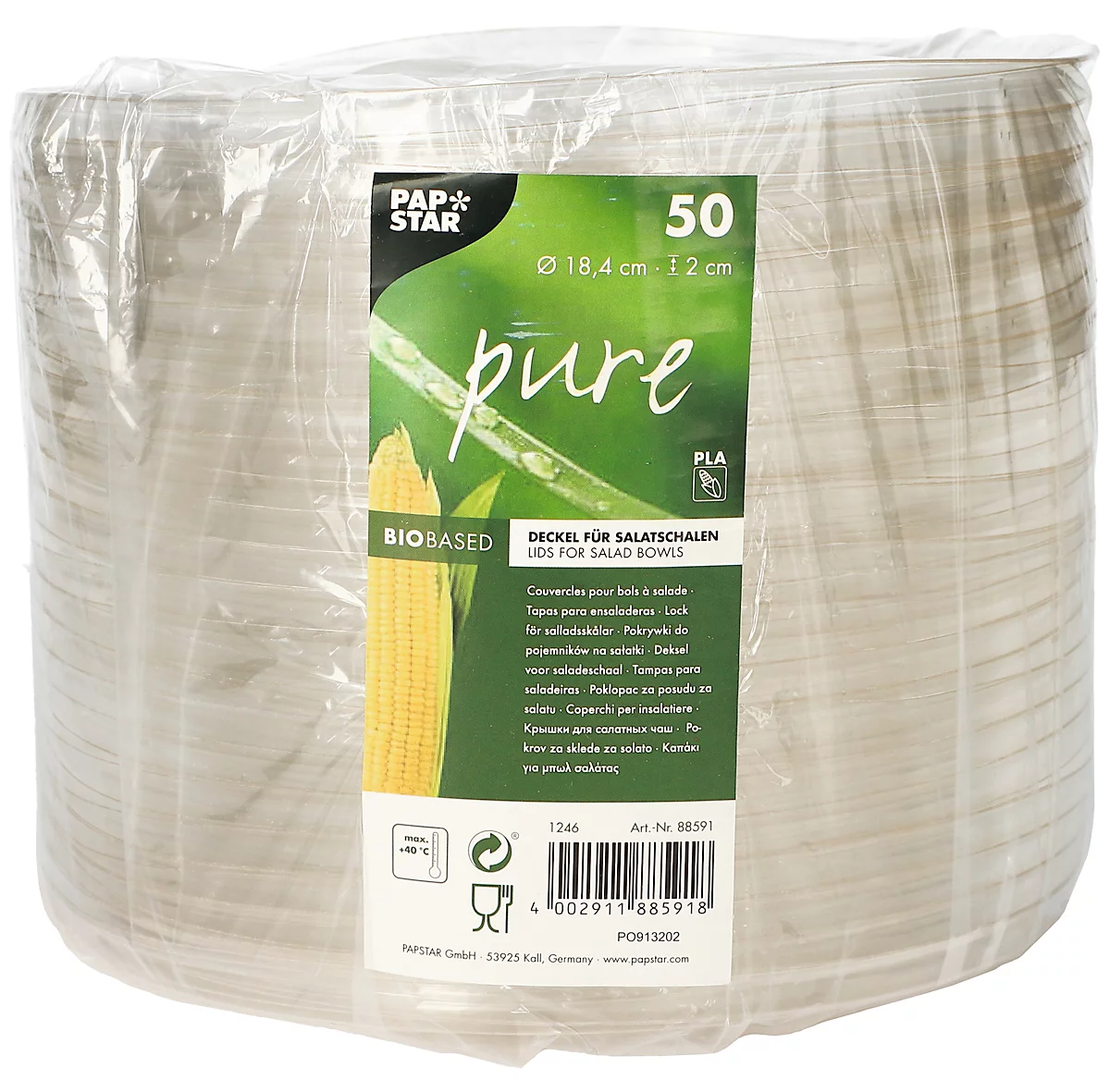 Tapas Papstar pure, 184 mm, para ensaladeras (1300 ml), 50 unidades, biodegradable, materias primas renovables, PLA, transparente
