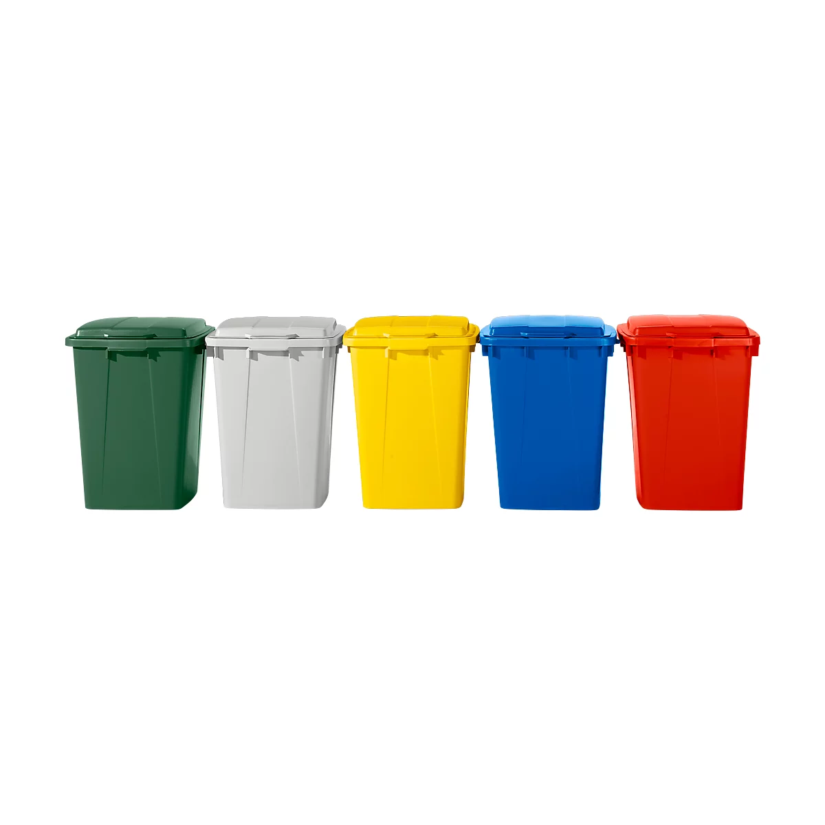 Cinco botes de basura de diferentes colores se encuentran uno al lado del otro: verde, blanco, amarillo, azul y rojo.