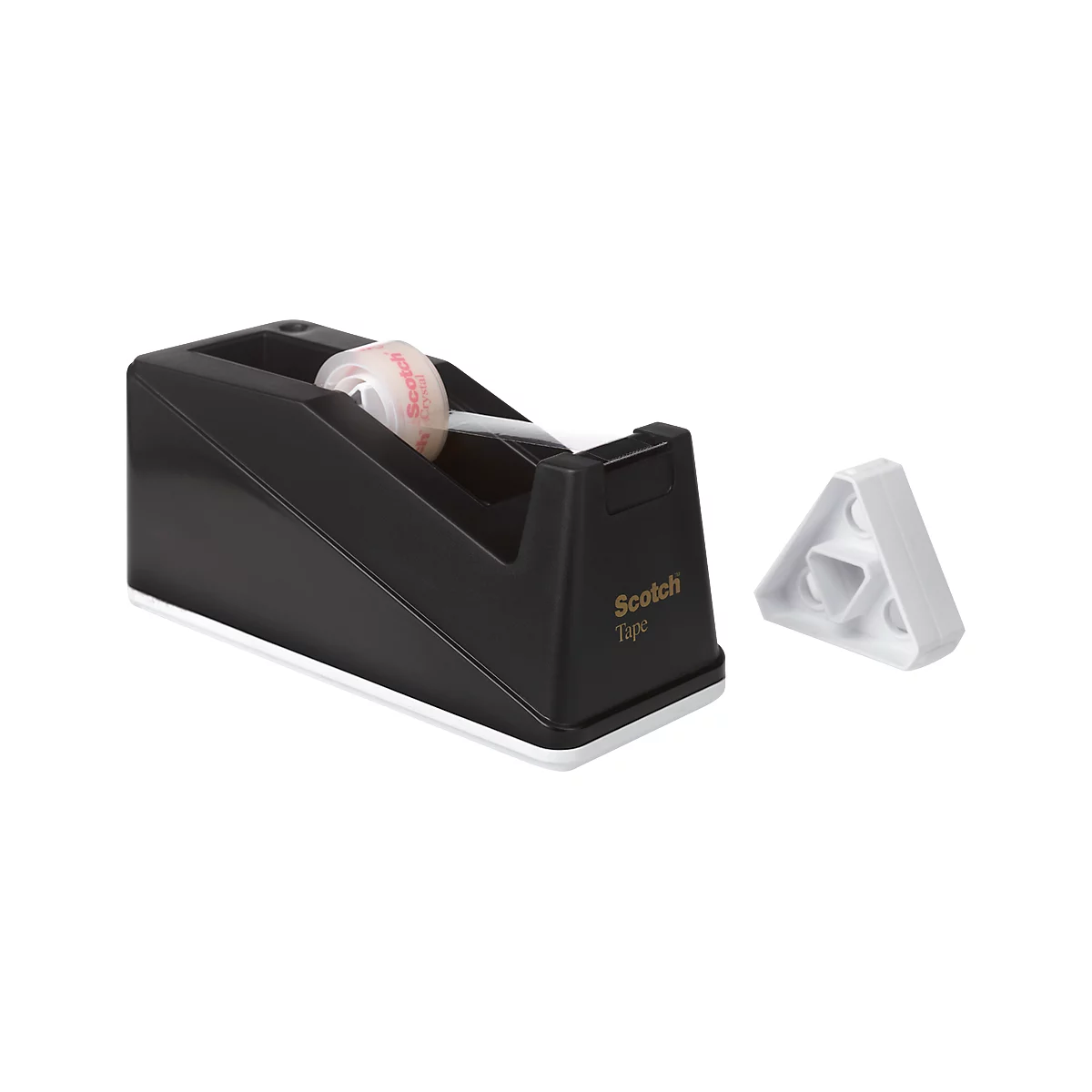 Black Scotch tape dispenser with white base and white triangle cutter. Tape roll visible, text.