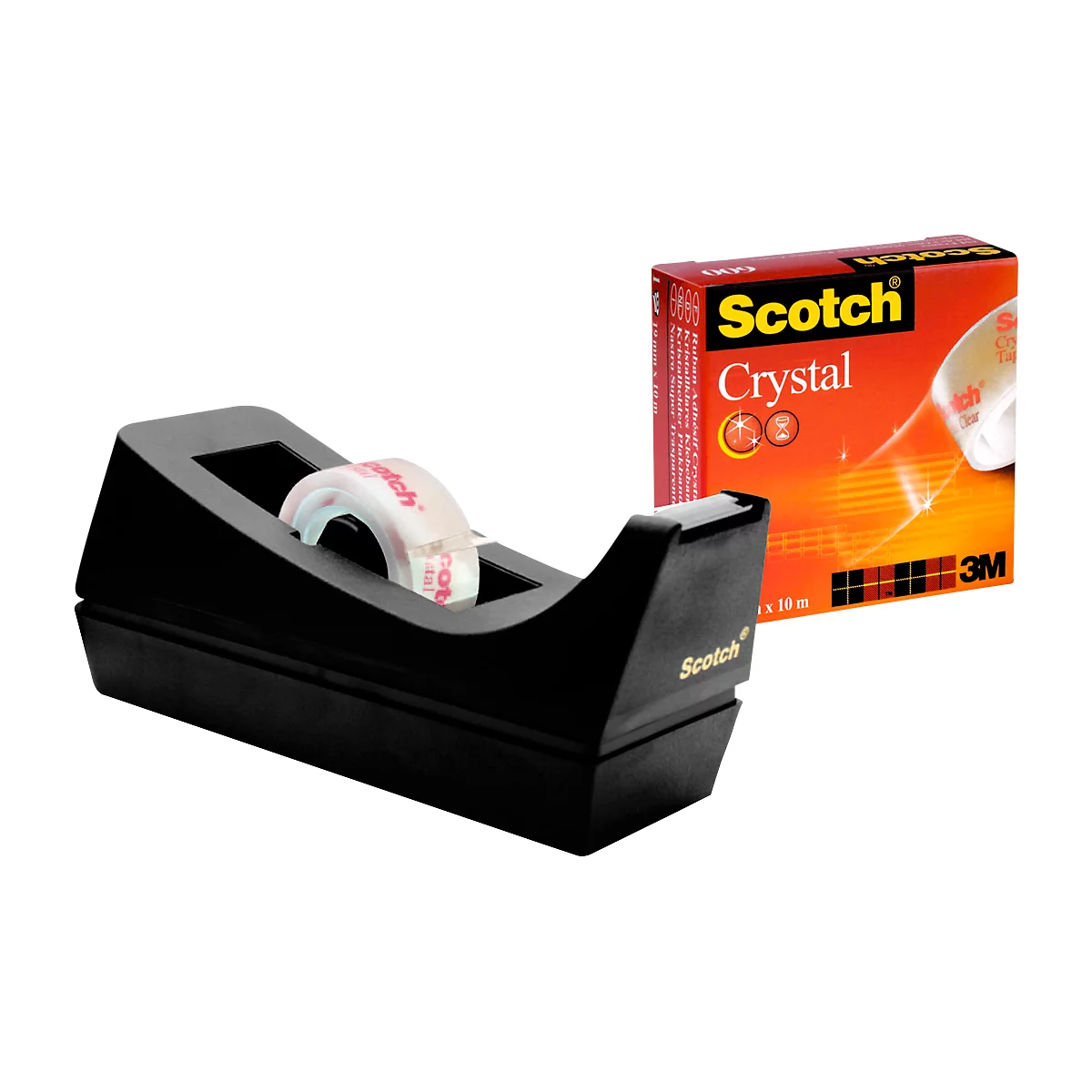Black tape dispenser with roll and packaging, brand Scotch Crystal.