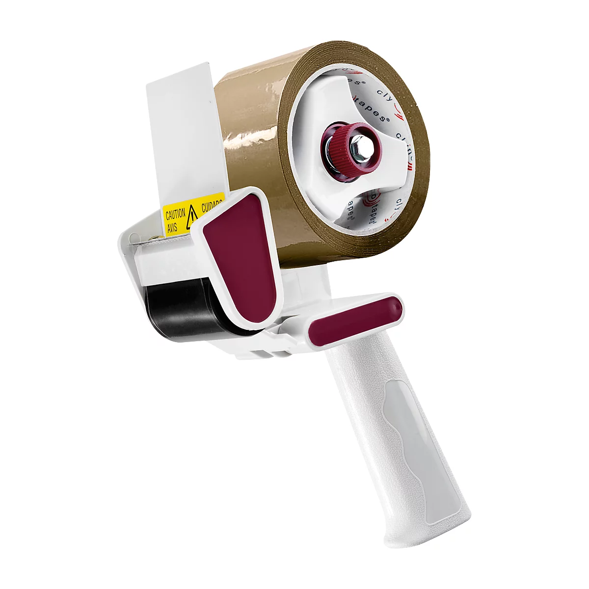 Tape dispenser with brown tape. The dispenser is white with burgundy accents. A warning notice is visible.