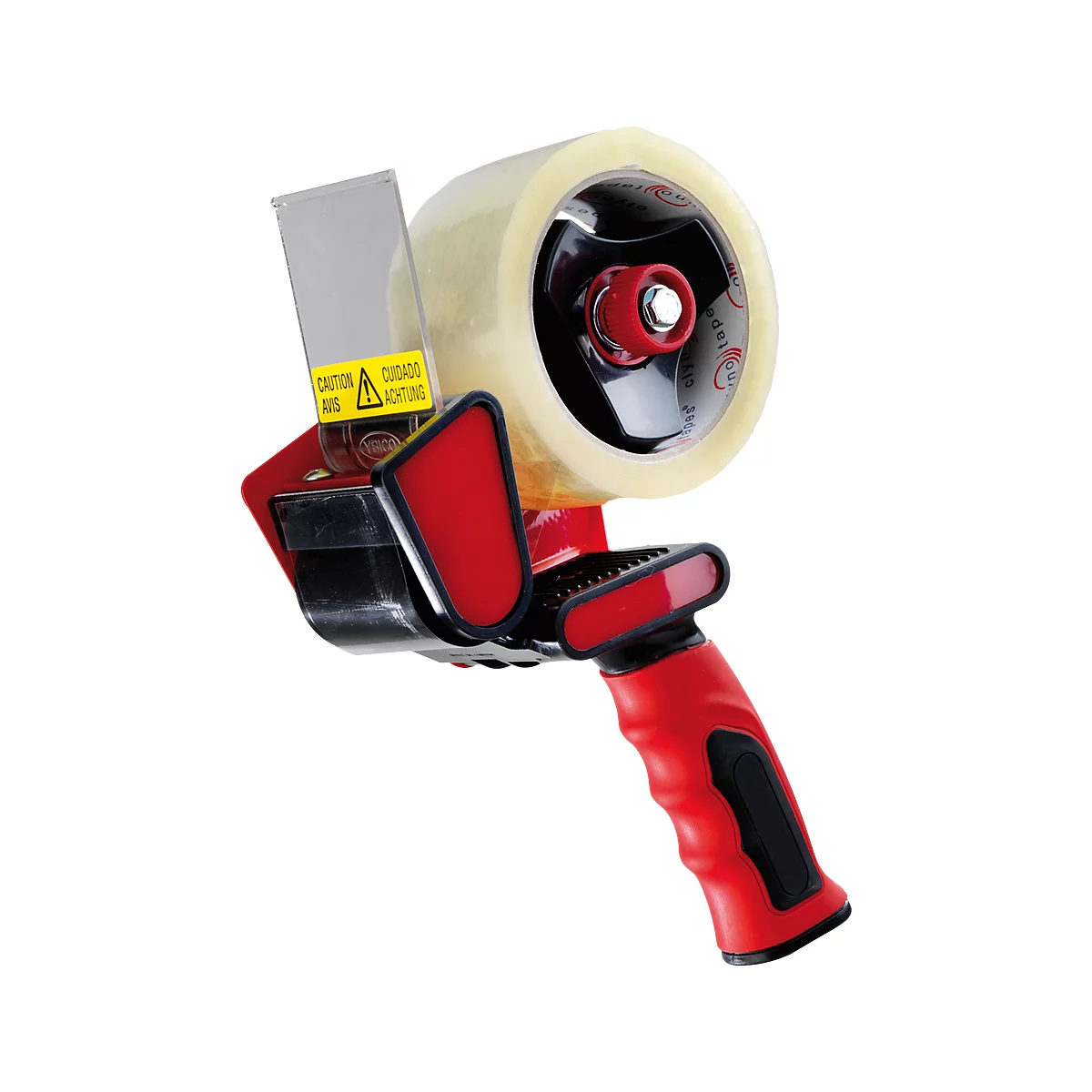 Red and black tape gun with warning sign and tape roll.